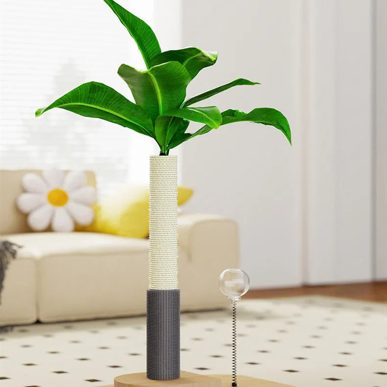Vertical solid wood cat scratching post in a canna green-grey colour finish.