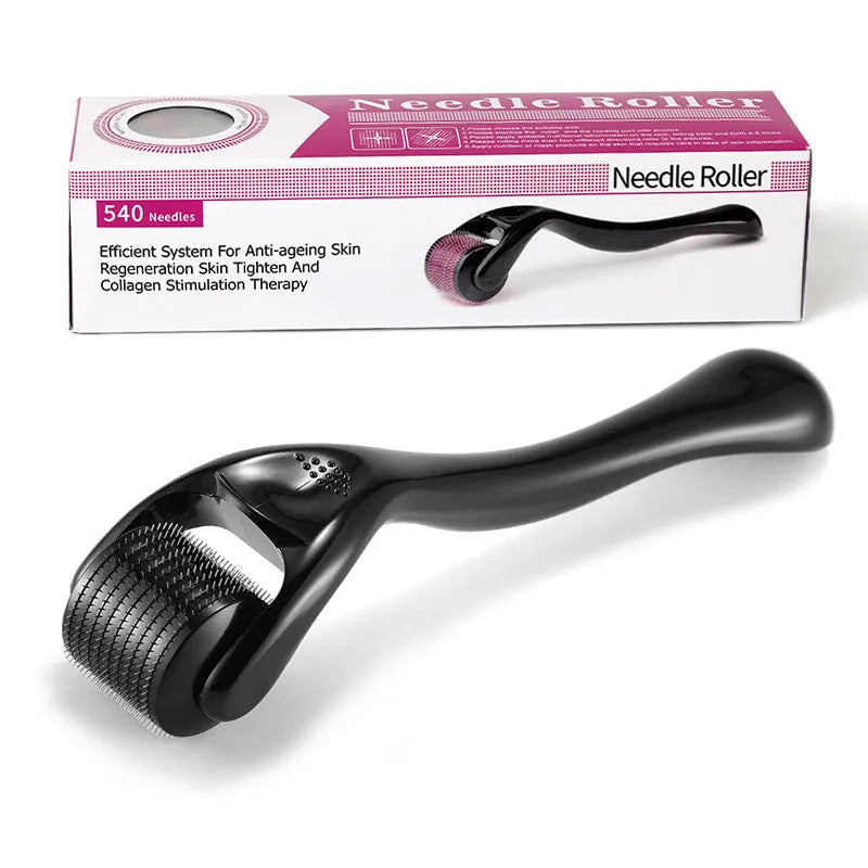 Black derma roller with 540 titanium microneedles, sizes 0.2mm to 1.0mm, for face beard scalp body