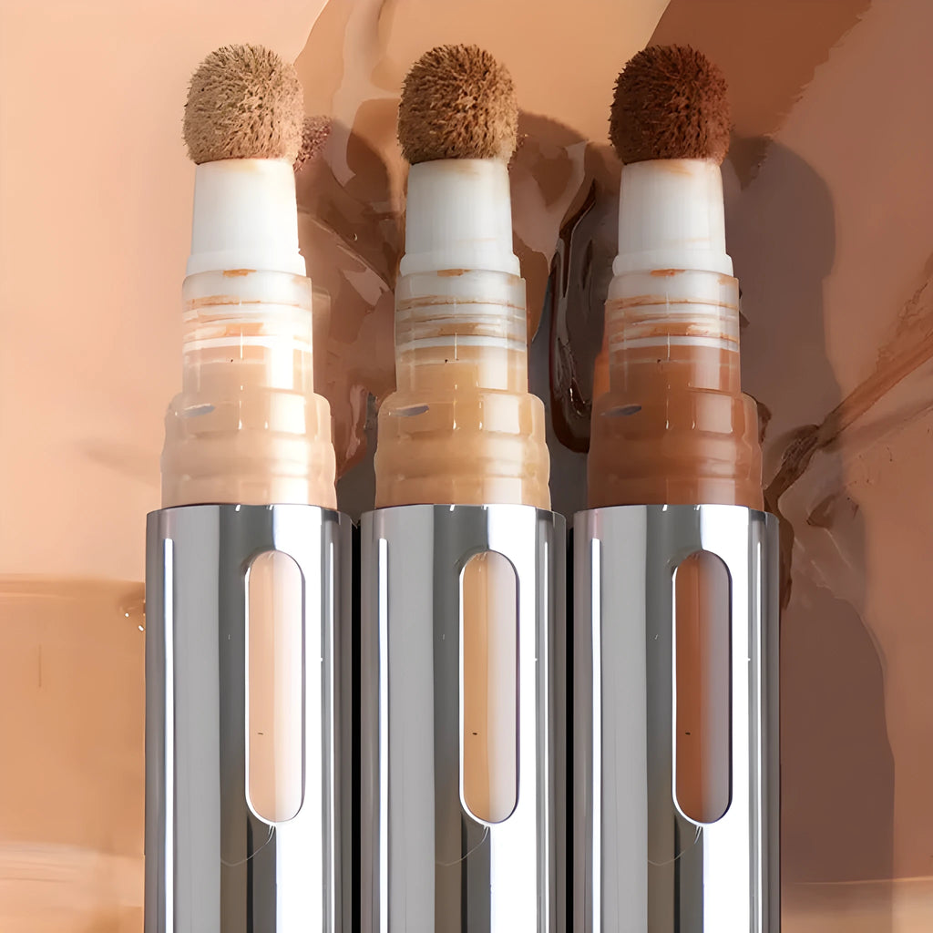 Liquid concealer pen showing 24 colour shades for waterproof, sweatproof coverage and contouring.
