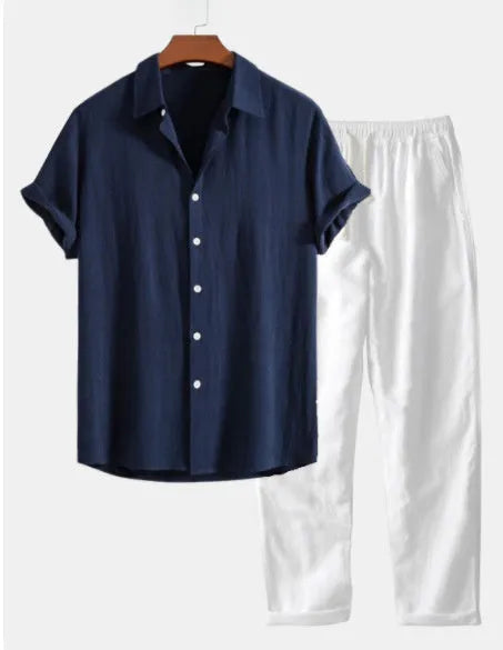 Casual loose fit short sleeve cotton linen suit in navy blue with matching glasses shoes and watch accessories