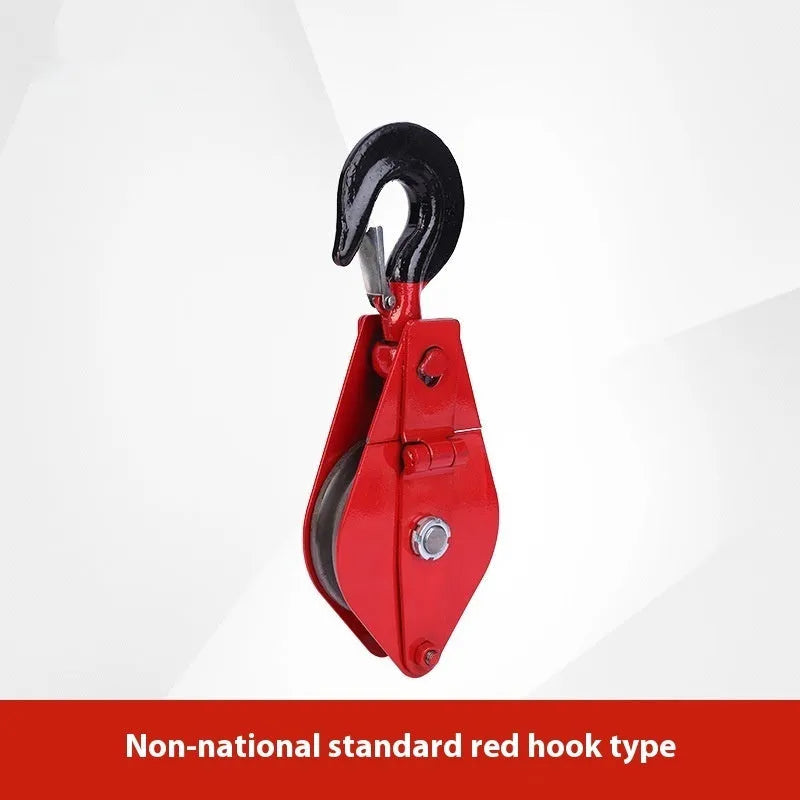 Red industrial lifting pulley with safety latch and forged steel construction