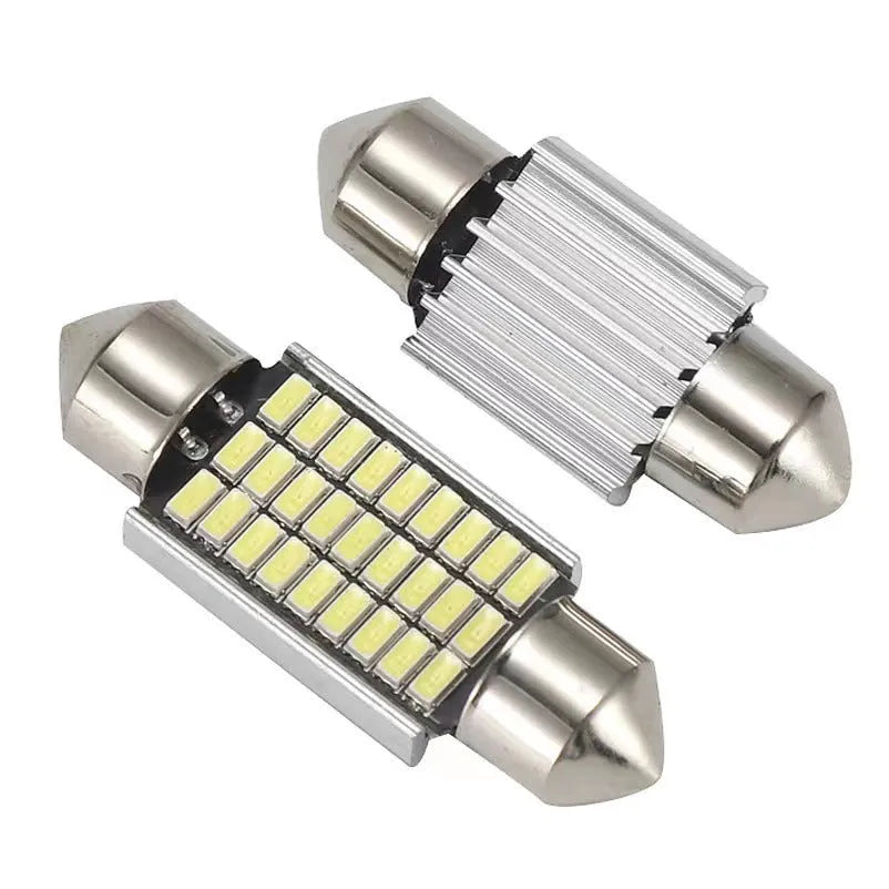 White aluminium car roof light with double-tip design for reading and license plate illumination.