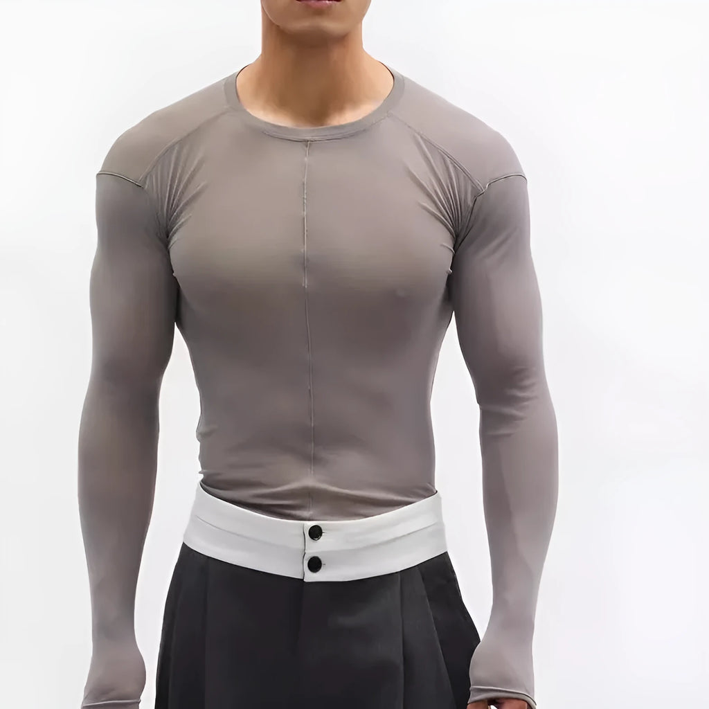 Black slim-fit PU mesh pullover with see-through texture and long sleeves