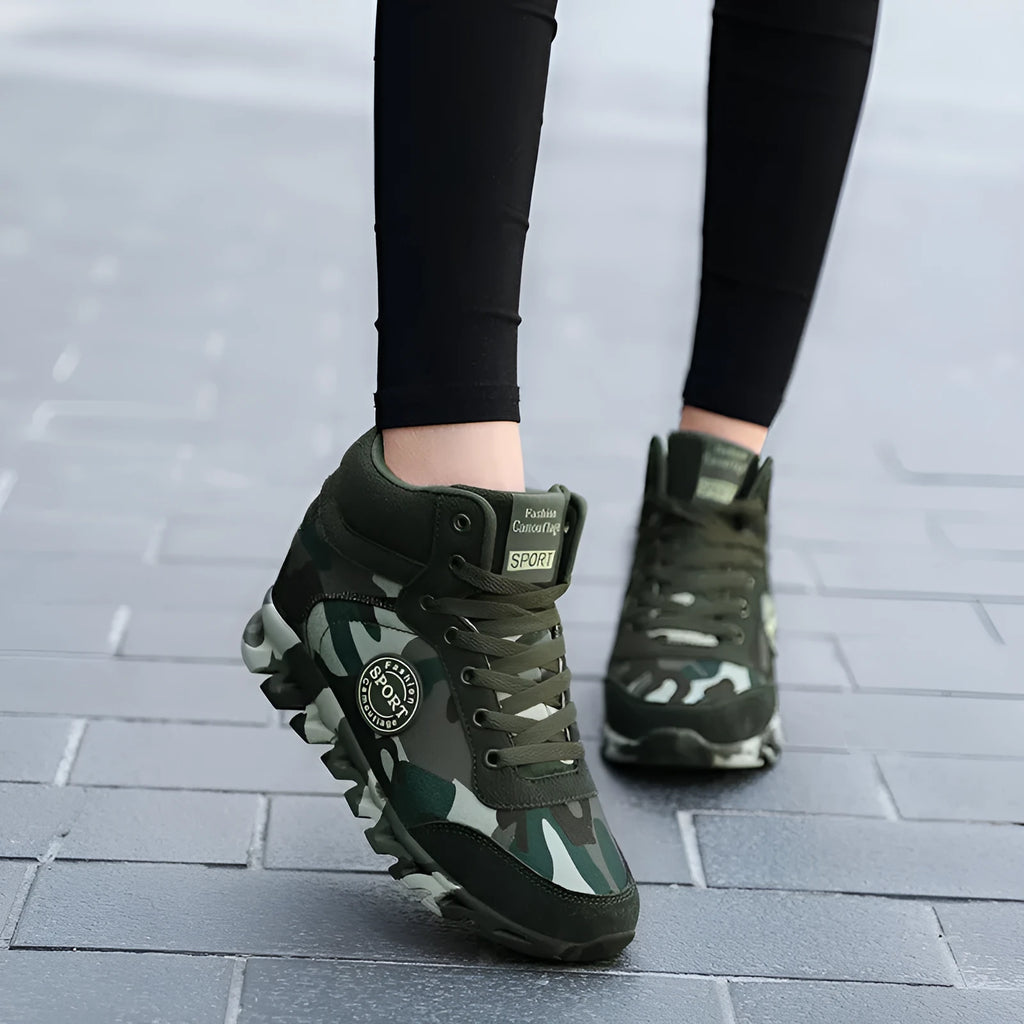 Women's green camouflage print canvas sneakers with rubber sole and increased sole design