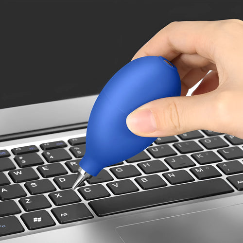 Blue or black rubber air blower dust removal tool for cleaning cameras and phones.