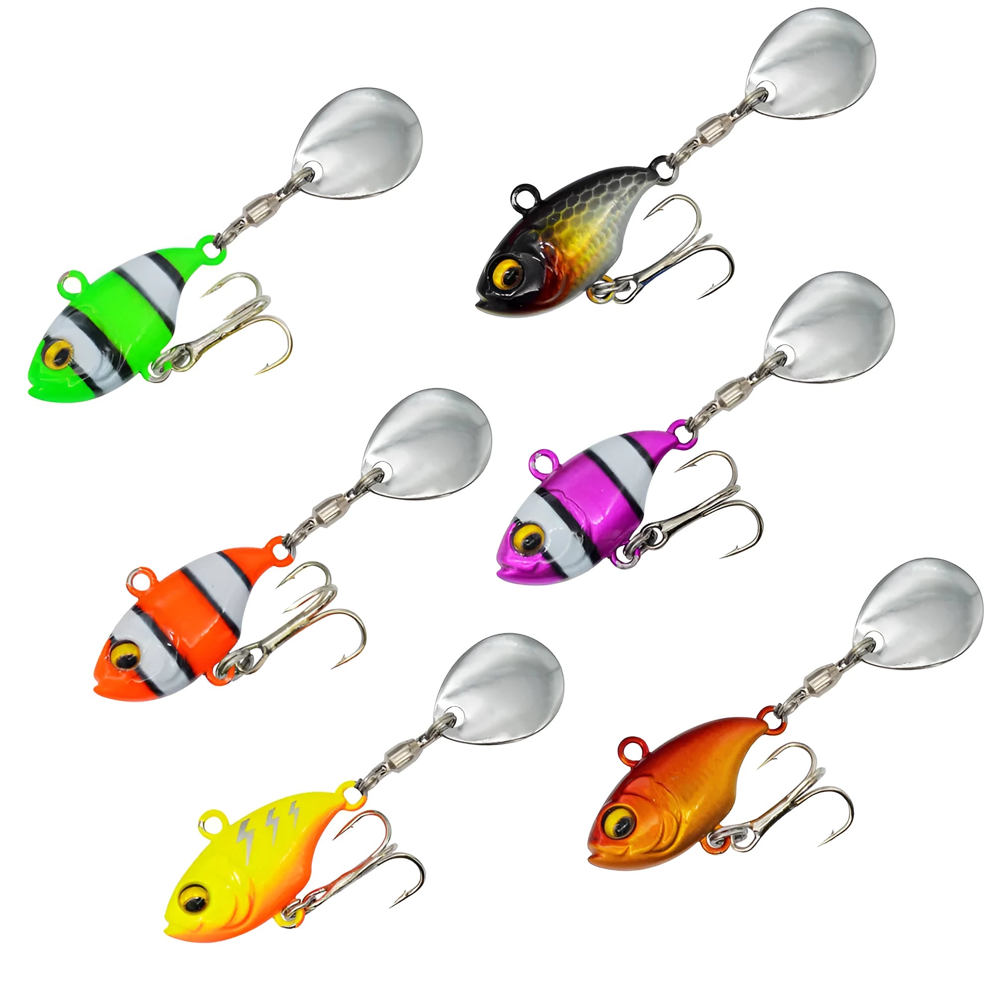 Metal sea fishing iron plate lure with rotating sequins in six colour variations.