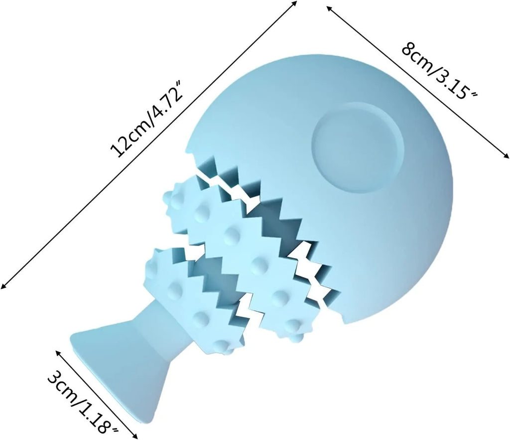 Blue fish bone shaped rubber dog chew toy on a white background.