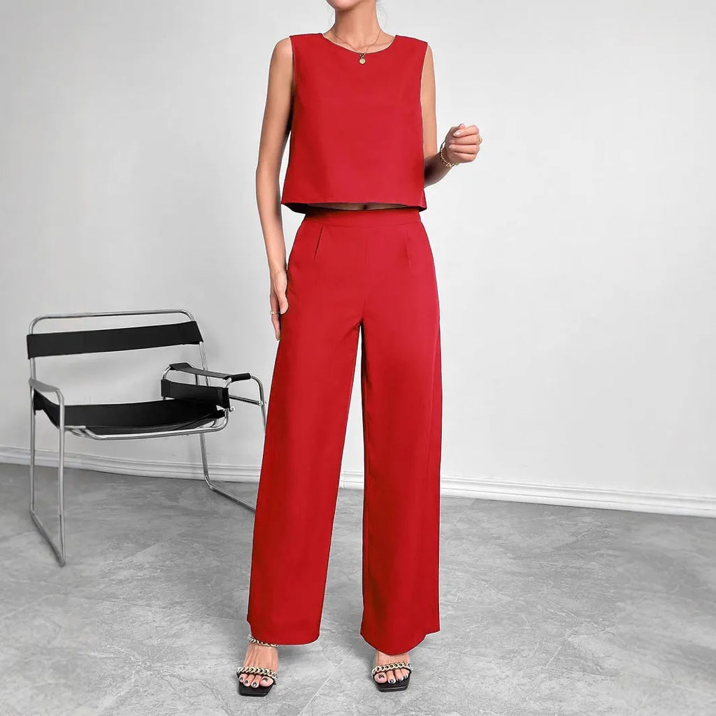 Red sleeveless top and wide leg pants two-piece set on a hanger.