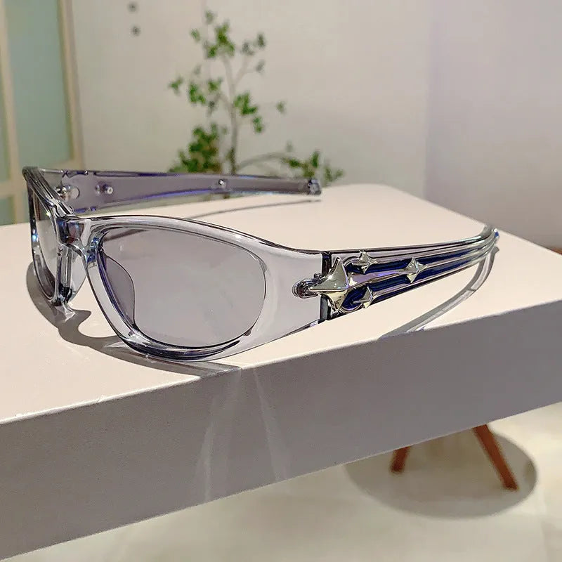 Special-shaped black frame sunglasses with blue polycarbonate lenses for outdoor sports.