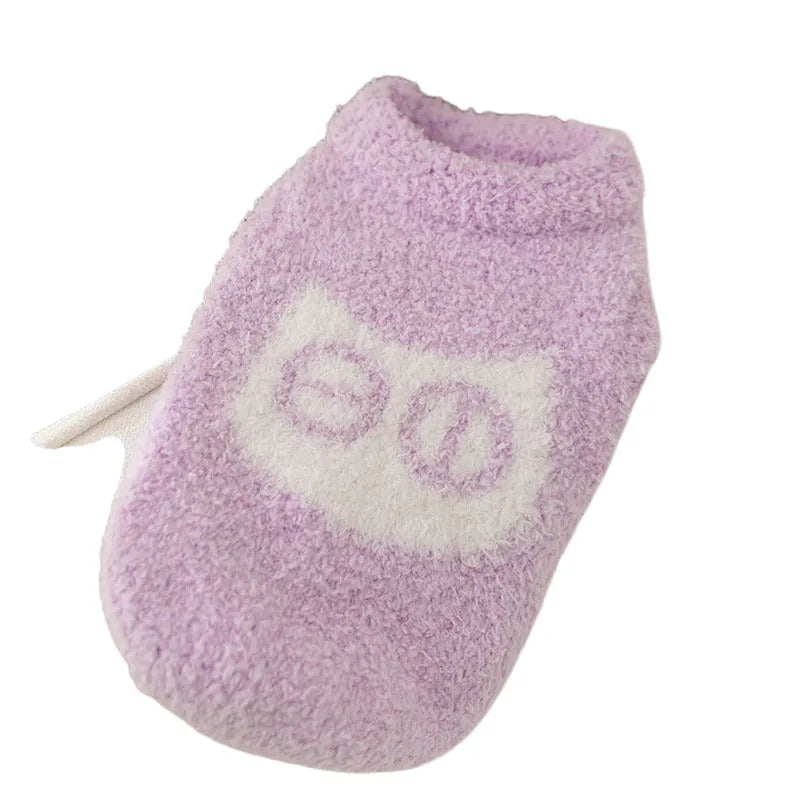 Cute owl face pet sweater in blue and purple, soft plush winter pullover for cats and small dogs, XS S
