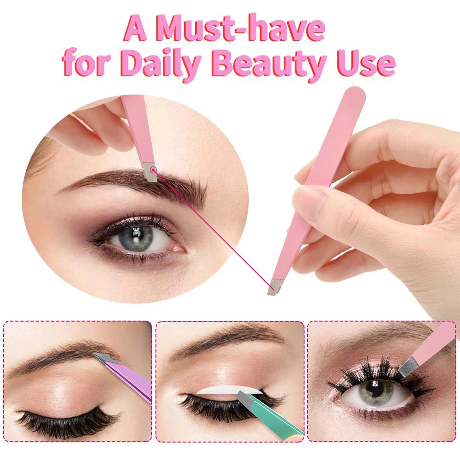 Six-piece stainless steel eyebrow tweezers set with leather case, showing four tweezers, scissors, and a brush.