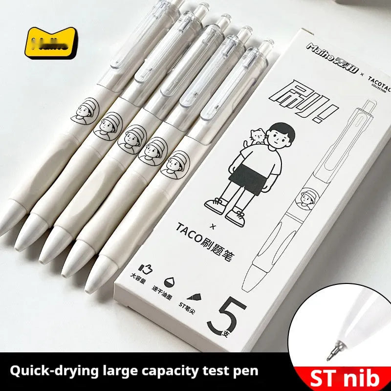 Five neutral black ballpoint pens with white brush finish and 0.5mm tips