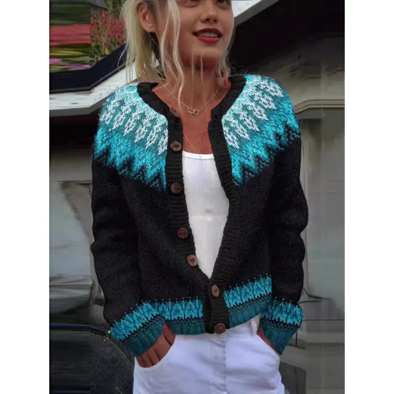 Yellow digital print cardigan coat with a 3D pattern, shown on a hanger