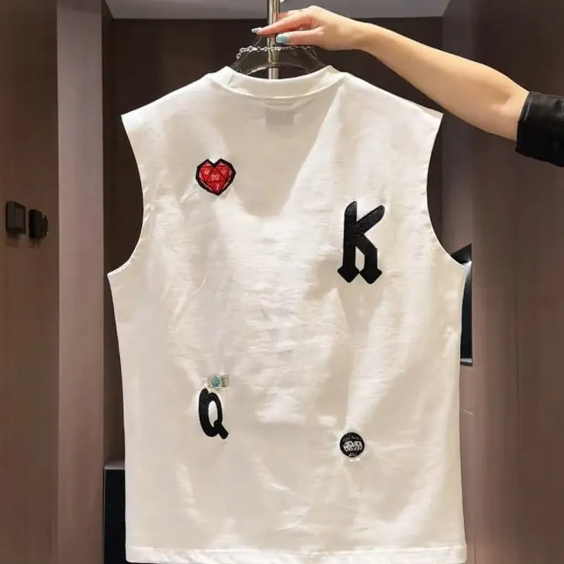 Men's black cotton sleeveless vest t-shirt with a cartoon graphic print, shown on a hanger.