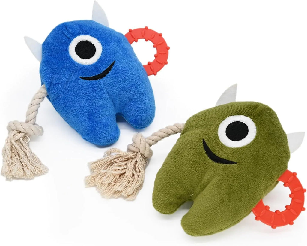 Blue monster plush dog toy with brown cotton rope arms and a squeaker inside.