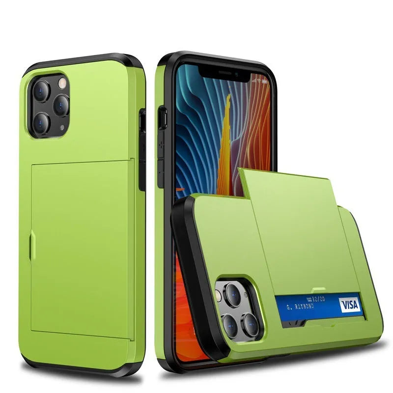 Slim iPhone wallet case with sliding card cover in Army Green colour, showing front and back protection.