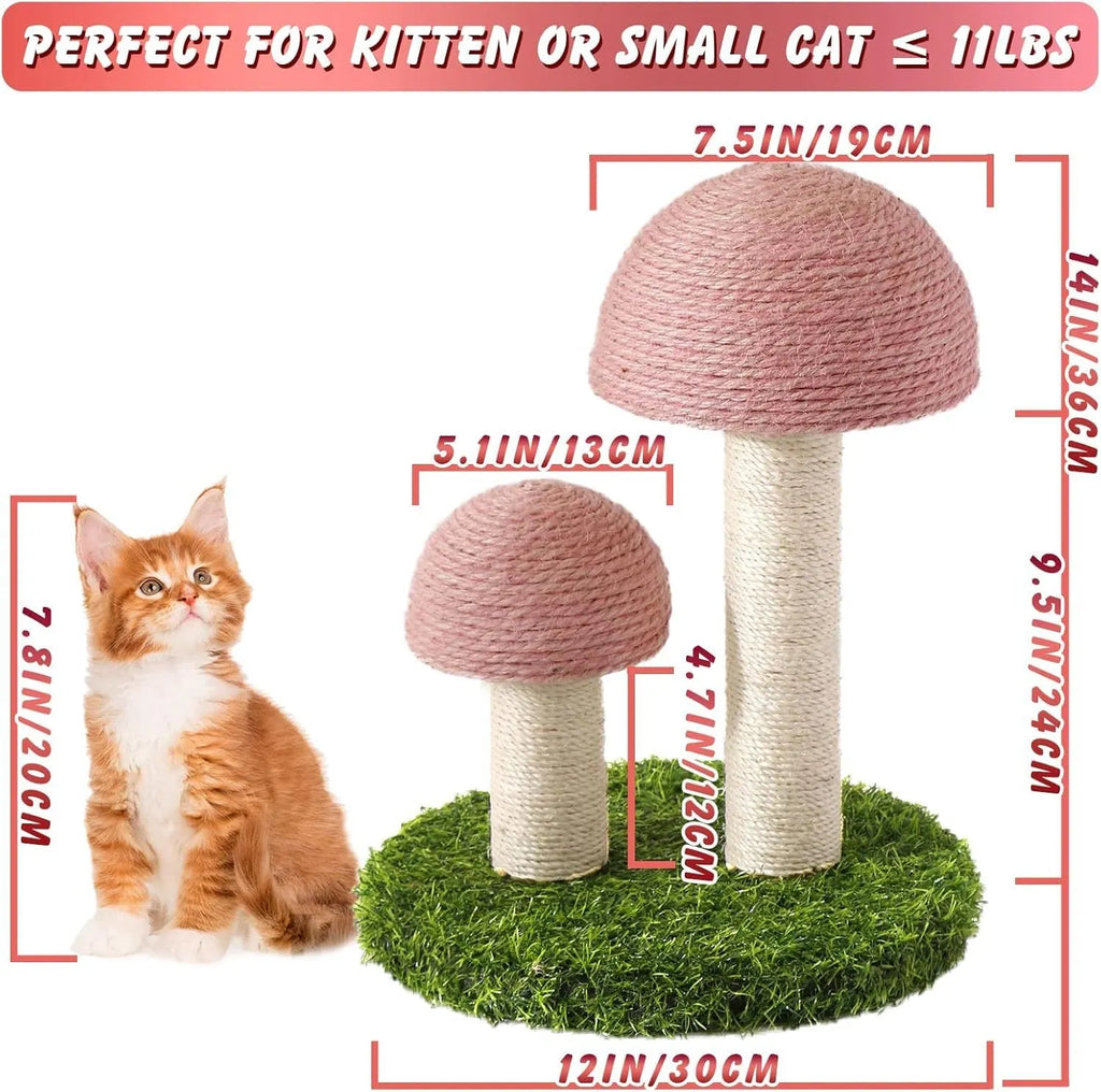 Pink mushroom-shaped cat scratching post with natural sisal caps for kittens and small cats