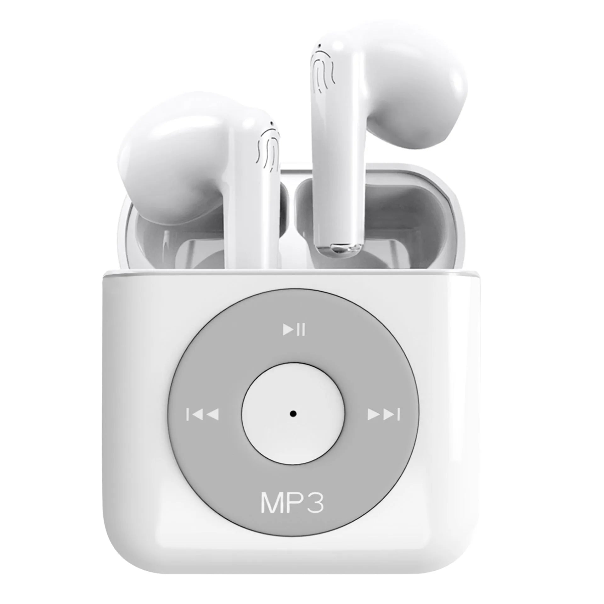 White wireless Bluetooth earphones and charging case on a table, showing semi-in-ear design.