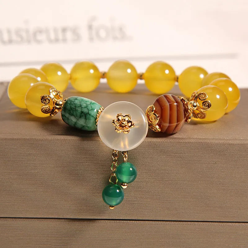 Women's yellow agate crystal bracelet on gold silk thread with Japanese Korean fashion style