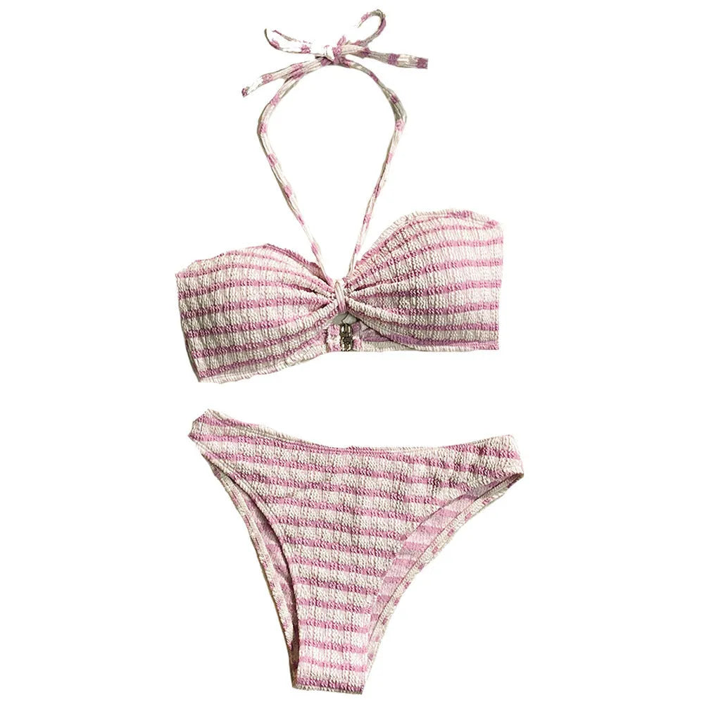 Women's striped printed bikini swimsuit set in pink, polyester, sleeveless top, brief bottom, for swimming and wading