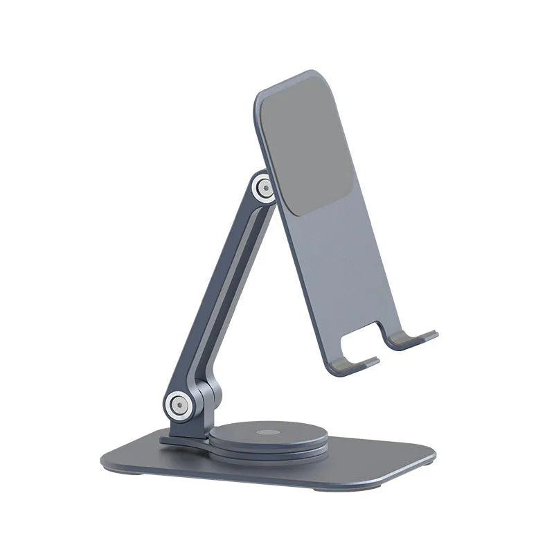 Aluminium alloy rotary desktop phone holder with silicone pad, silver grey finish, unfolded on desk