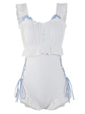 Women's Milky White backless nylon one-piece swimsuit on hanger