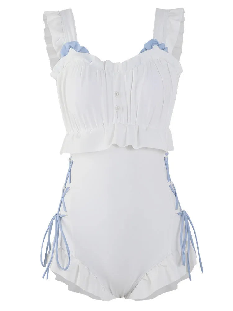 Women's Milky White backless nylon one-piece swimsuit on hanger