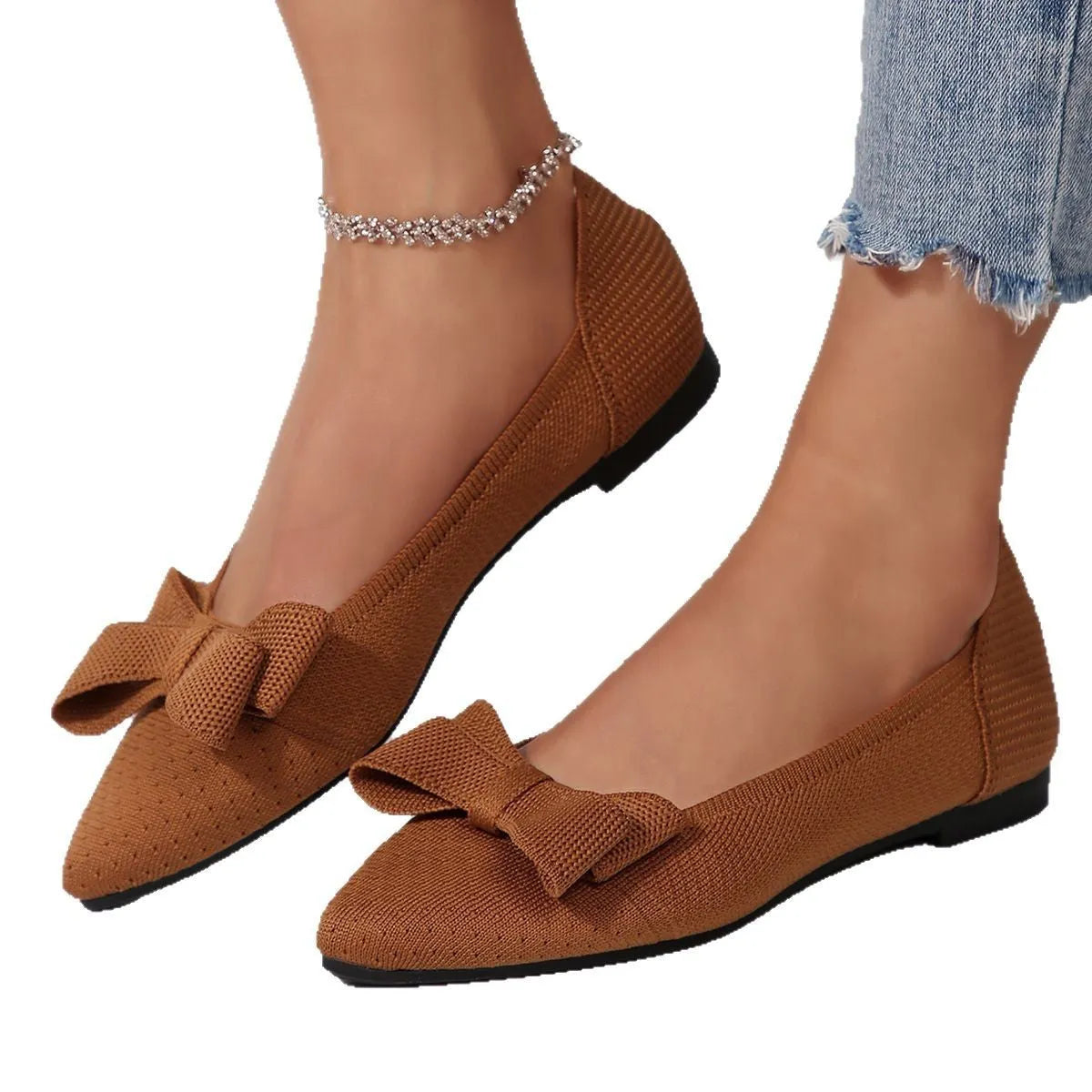 Women's pointed knitted bow shallow mouth flat pumps in black with bow detail and rubber sole