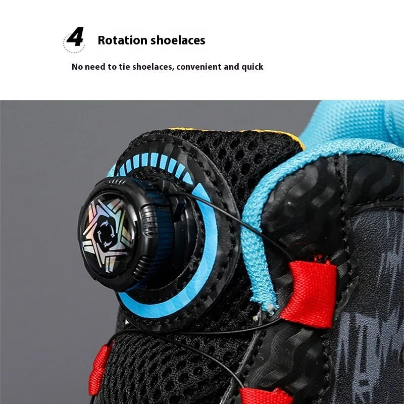 Children's black and coloured rotating button basketball shoes with a PU sole.