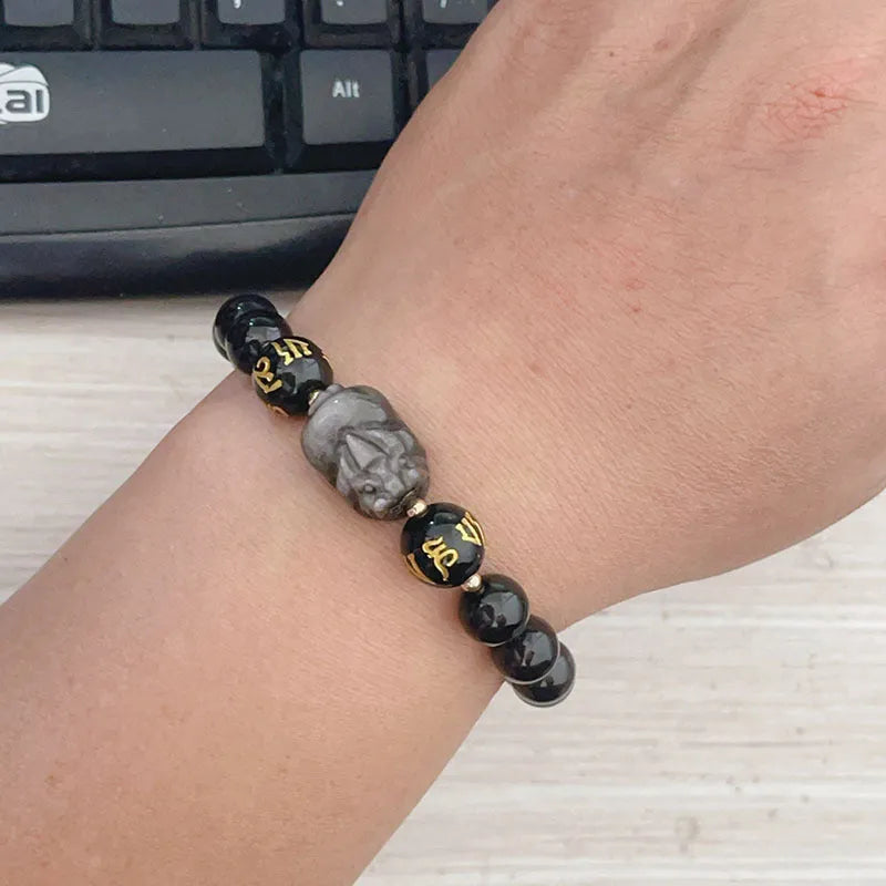 Men's natural silver stone bracelet with handcrafted Chinese zodiac engravings and beaded design