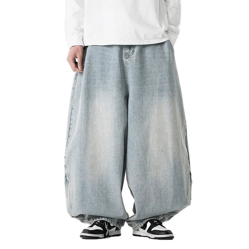 Men's plus size wide leg baggy jeans in cotton denim available in light blue, dark blue, and black colours