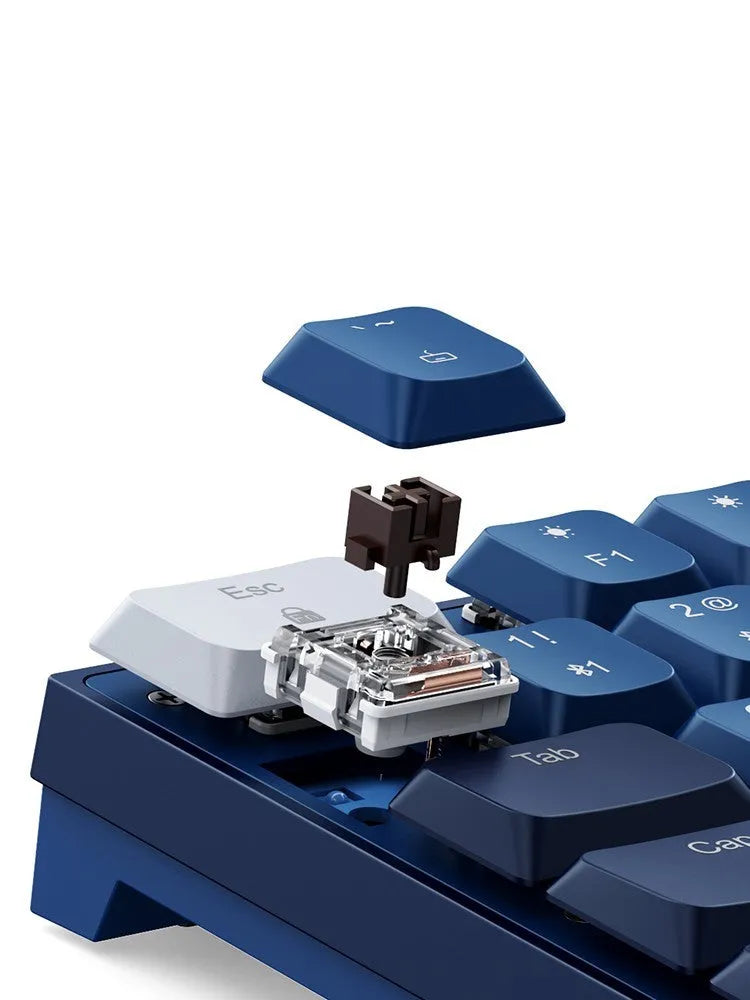 Ku102 mechanical keyboard in deep sea blue with tea axis switches, USB Bluetooth Type-C, and monochrome backlight.