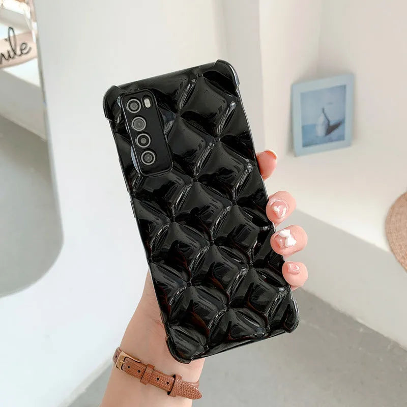 Huawei silicone phone case with diamond cell pattern in black, green, pink, or white colours