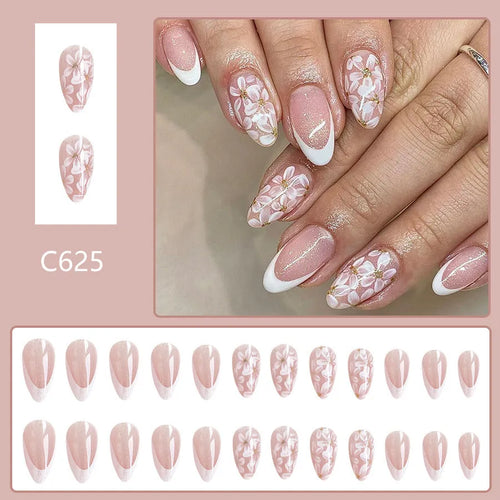 C625 short almond shaped false nails with French style glittering powder flower design
