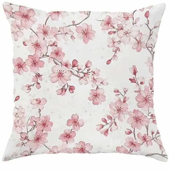 Square cherry blossom pattern velvet cushion cover measuring 45 by 45 centimetres