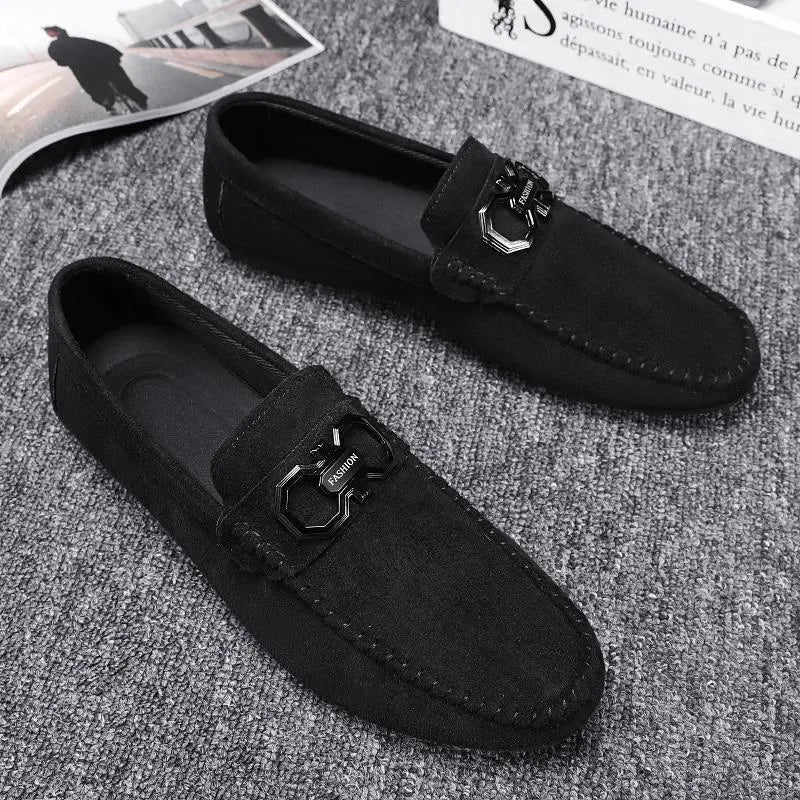 Men's black and grey suede casual shoes with leather details and rubber sole