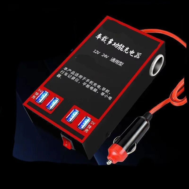 Black automotive power converter for 12V/24V to 220V conversion with AC socket and four USB ports