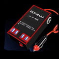 Black automotive power converter for 12V/24V to 220V conversion with AC socket and four USB ports