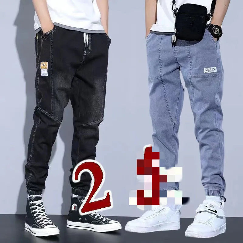Two pairs of women's casual cotton jeans with mid waist and washed finish in grey and black