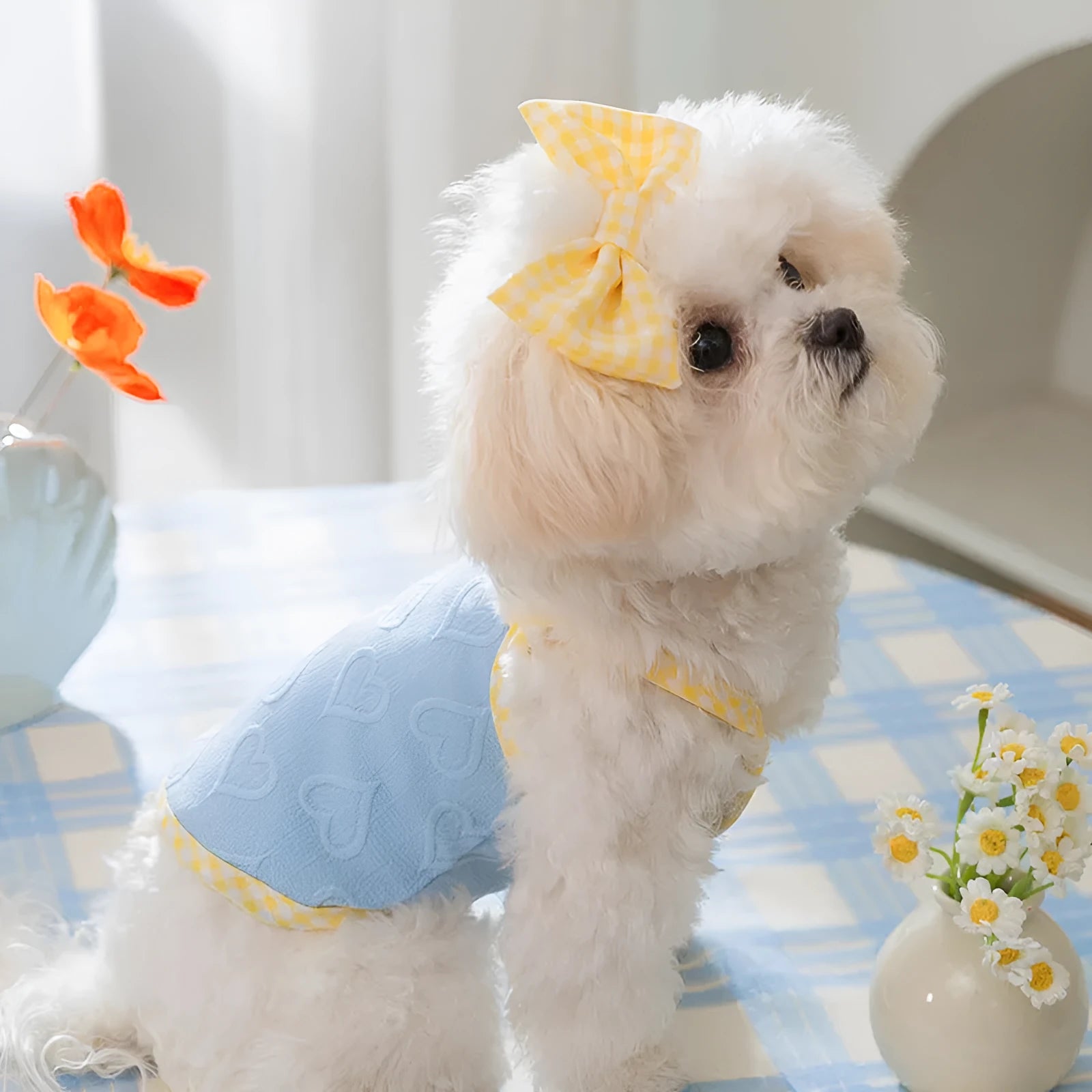 Small dog wearing a blue elastic vest with heart relief texture and bow suspenders.