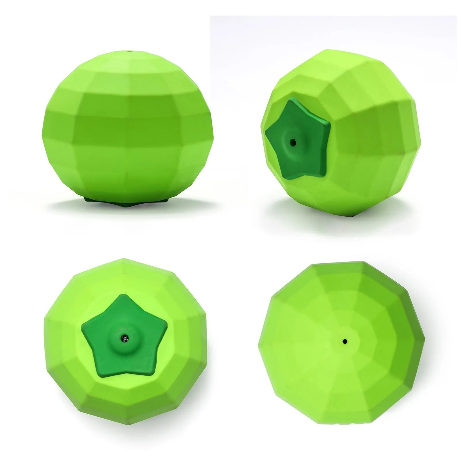 Green natural rubber squeaky dog chew ball for large aggressive chewers on a white background.