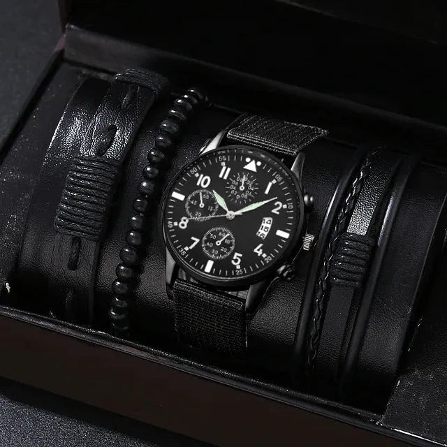 Men's canvas quartz watch and bracelet set with three eye dial, 11mm thick, shown with three bracelets and gift box