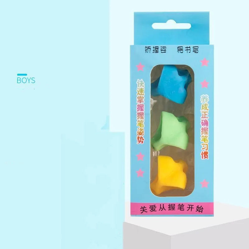 Silicone pencil grip with finger guides for child's thumb, index, and middle finger in tripod position.