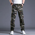 Men's straight leg cotton camouflage pants in army green colour, washed finish, sizes 29-44