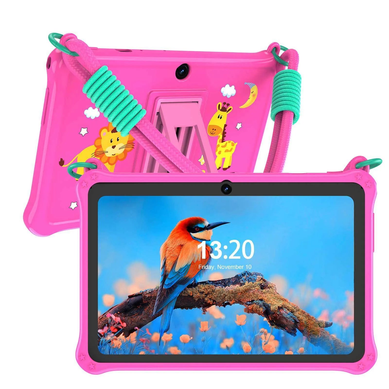 7-inch children's tablet silicone protective case in blue with flat strap and accessories