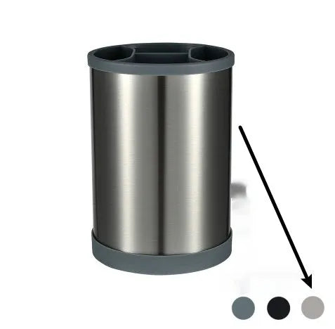 Black silicone kitchen utensil set with 12 tools stored in a rotating plastic storage bucket on a worktop.