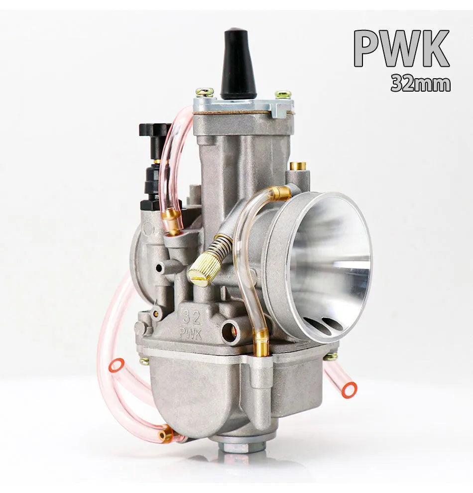 PWK sandblasting motorcycle carburetor for performance modification, shown in multiple bore sizes.