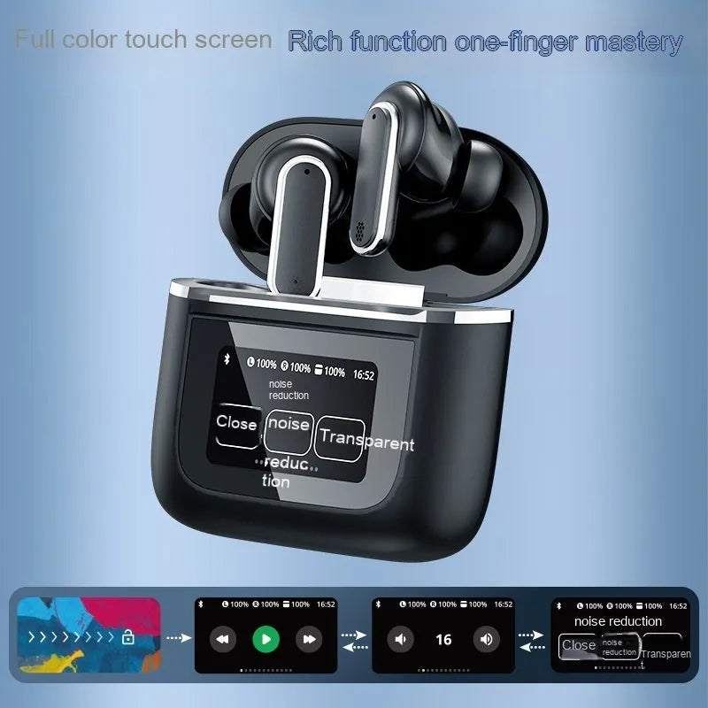 Intelligent Touch Screen Bluetooth Earphones in Black and Gold with ear plug style design