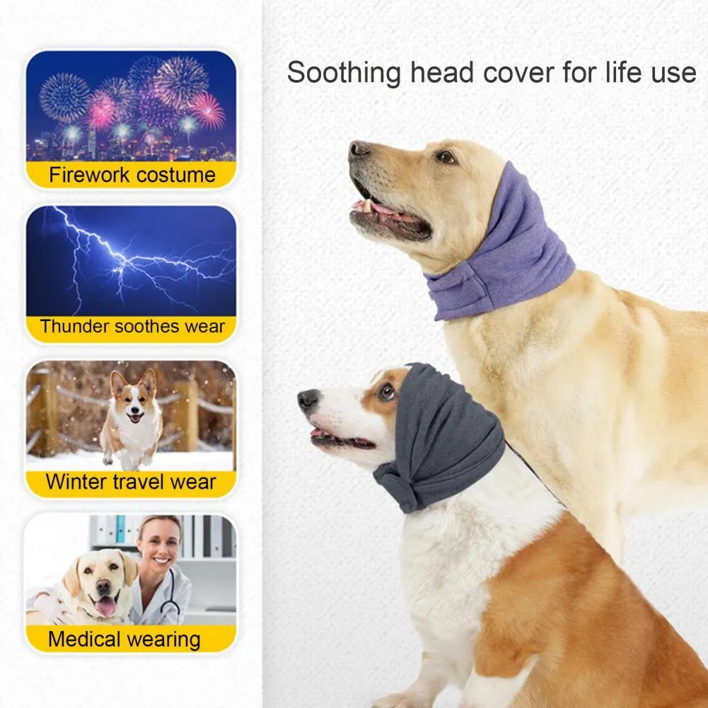 Black dog calming hoodie head wrap with earmuffs on a pet