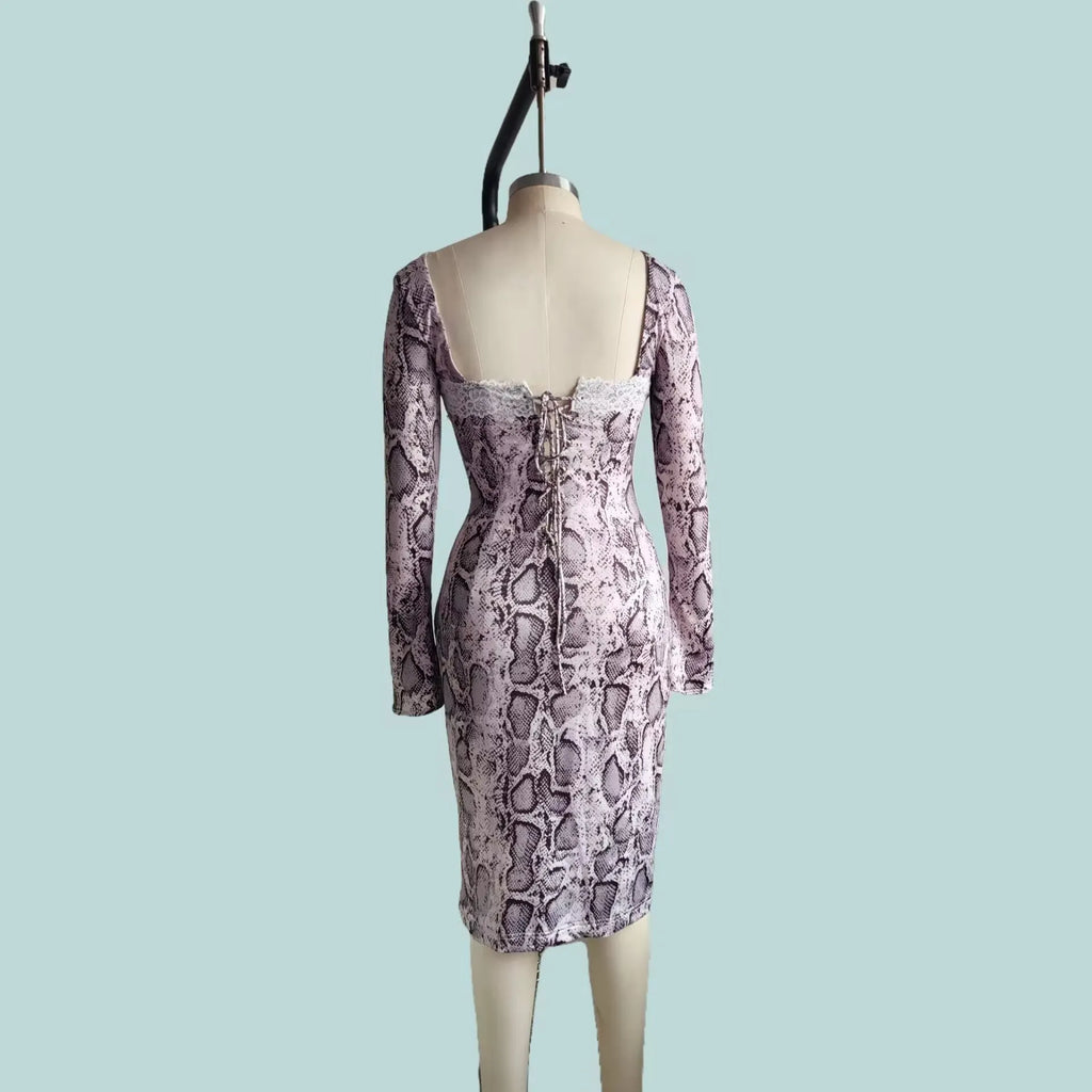 Grey digital printed A-line dress with 3D pattern and long sleeves